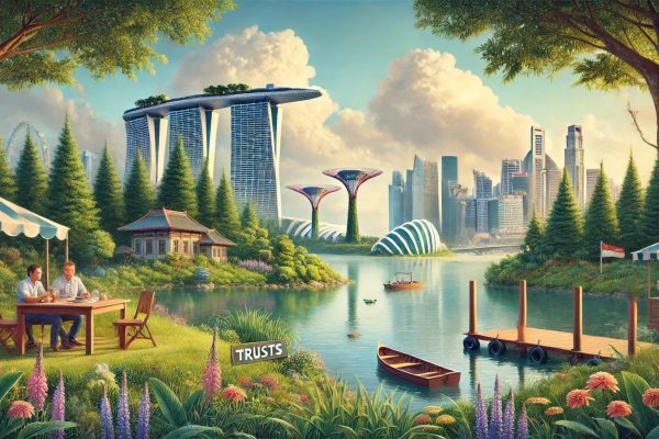 DALL·E 2024-07-05 17.26.43 - A picturesque landscape featuring landmarks relevant to Singapore's financial and trust industry. The scene includes a serene lake surrounded by lush (1)
